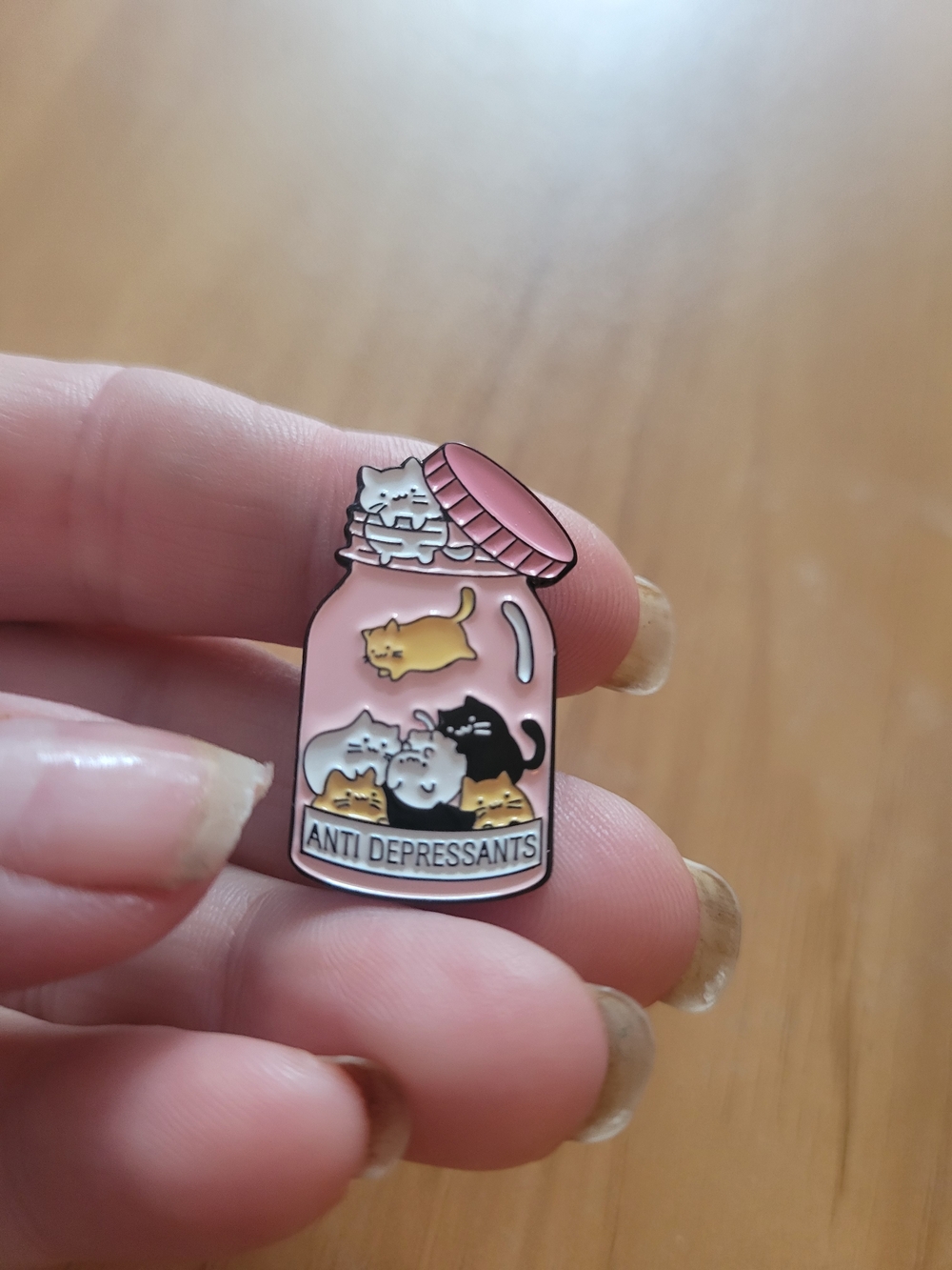 Cute Pink Cat Jar Enamel Pin - 'Anti Depressants'